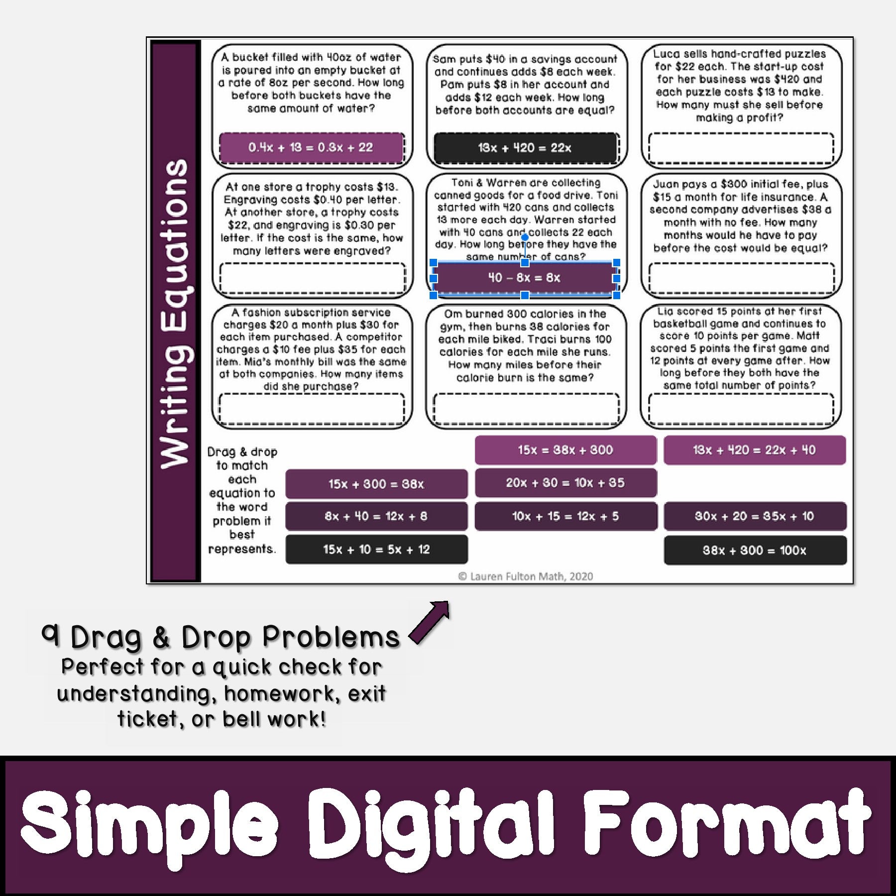 Wrting Problem Writing Equations from Word Problems w/ Variables on Both Sides Digita ...