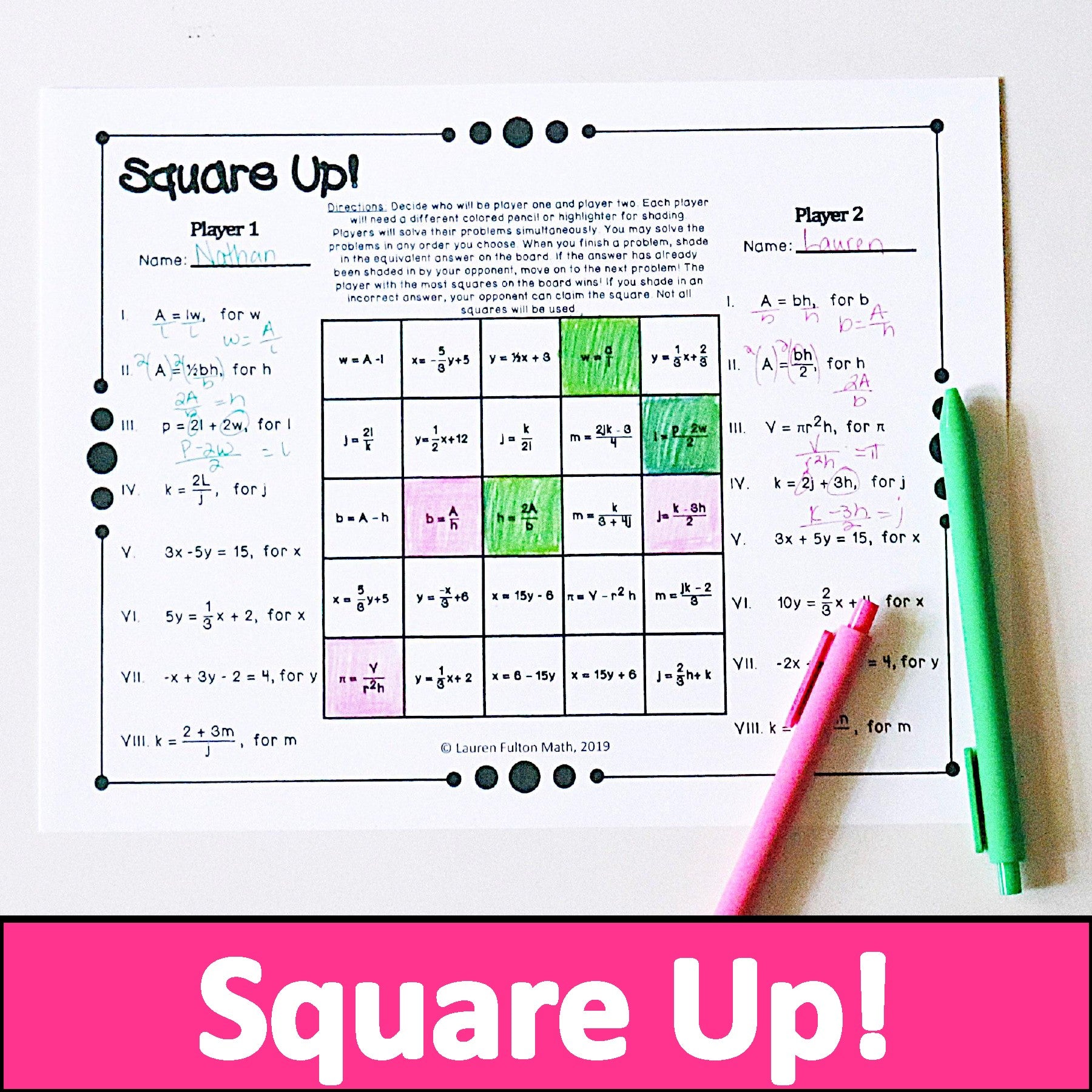 Fulton Math Pathways Literal Equations Activity | Partner Activities – Lauren Fulton Math