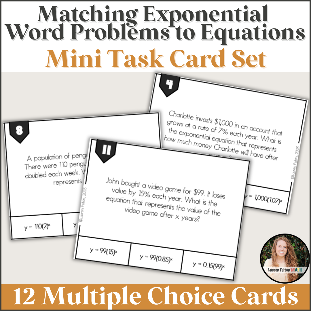 Exponential Math Word Problem Exponential Functions and Equations Word Problems - Task Card Activity ...
