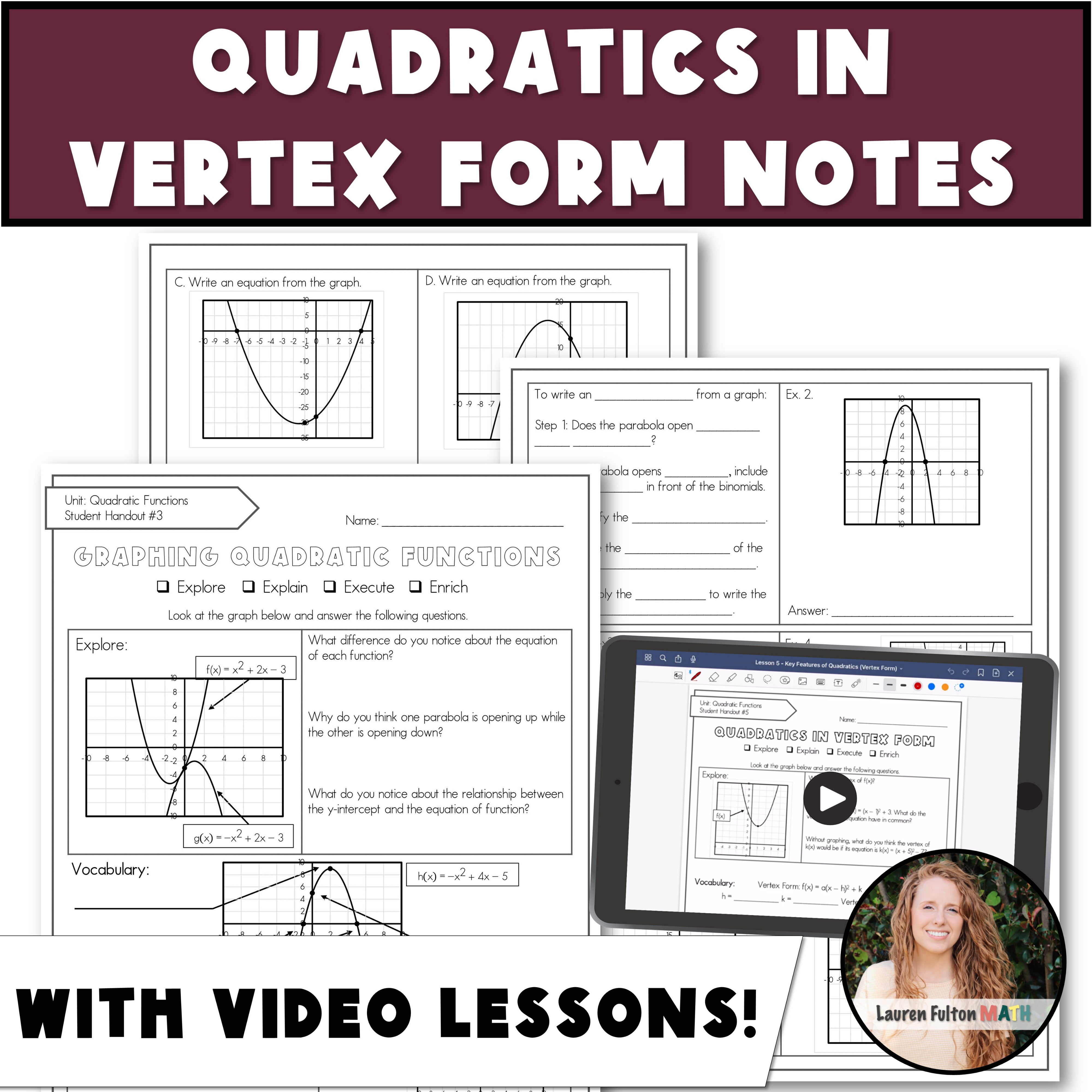 Building Vertex Math Graphs of Quadratic Functions in Vertex Form Notes – Lauren Fulton Math