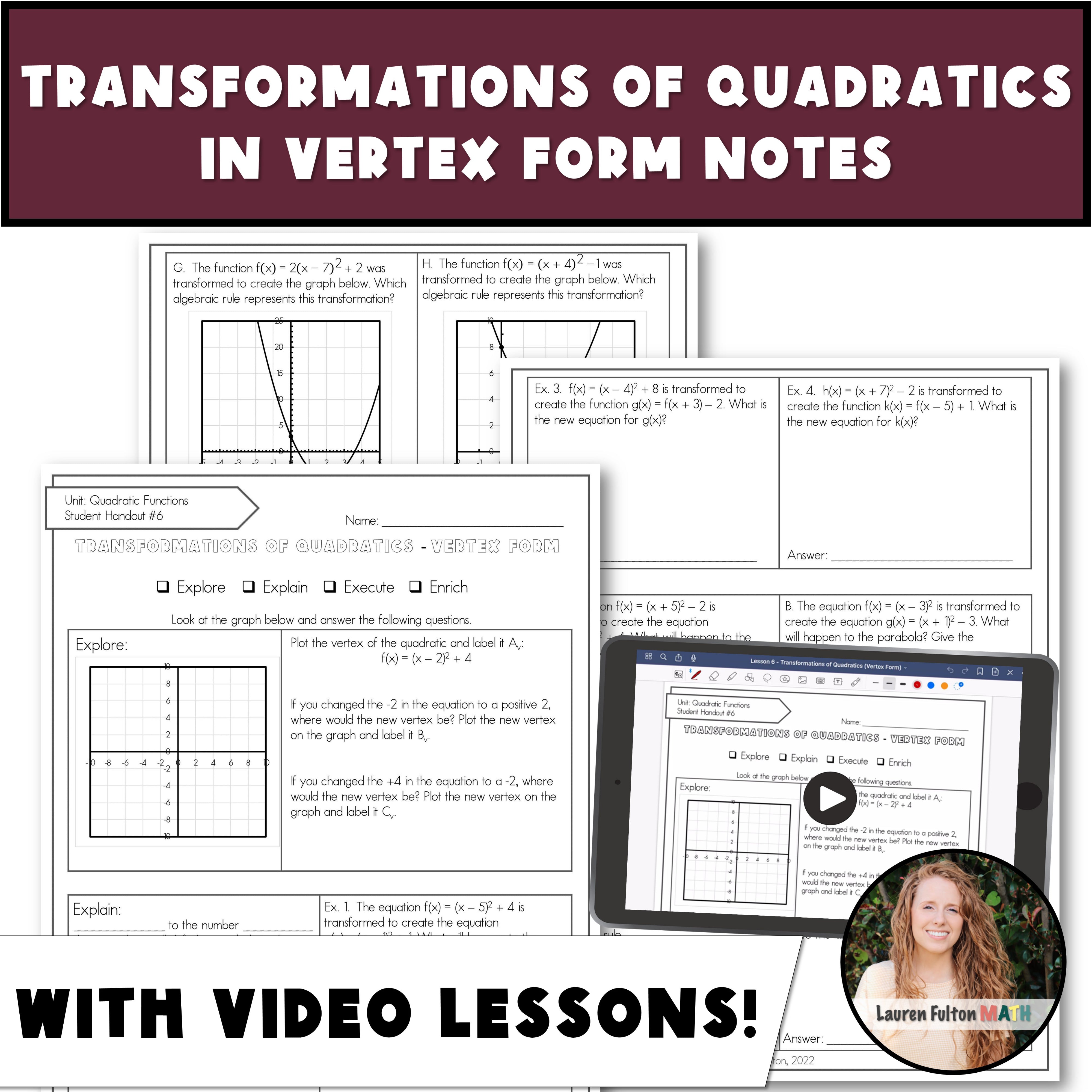 Vertex Form Rational Functions Transformations of Quadratic Functions in Vertex Form Notes – Lauren ...