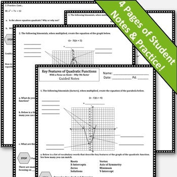 Key Features of Quadratic Functions Notes Worksheets FREE – Lauren ...