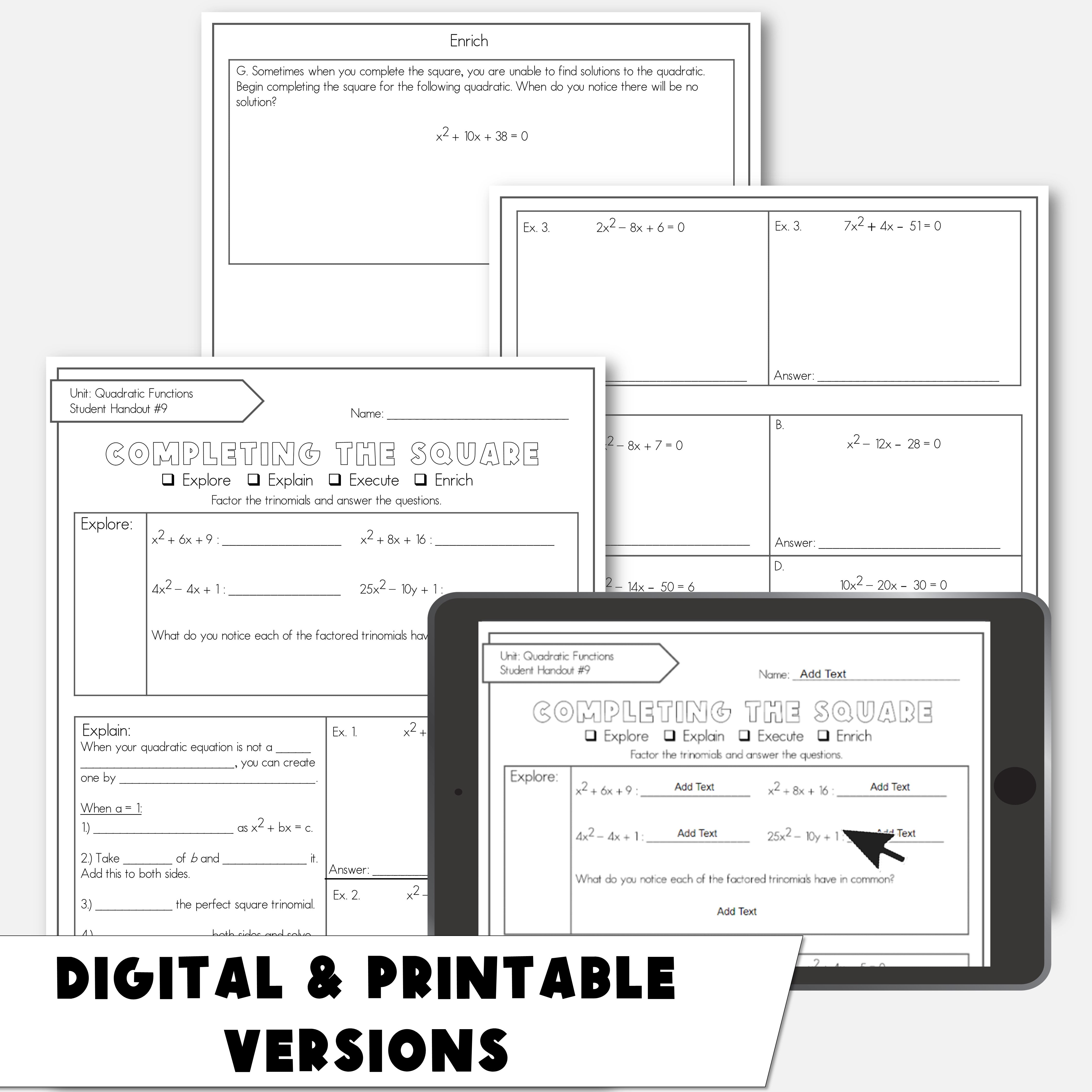 40 Math Equations Paper Solving Quadratic Equations by Completing the Square Notes and Practic ...