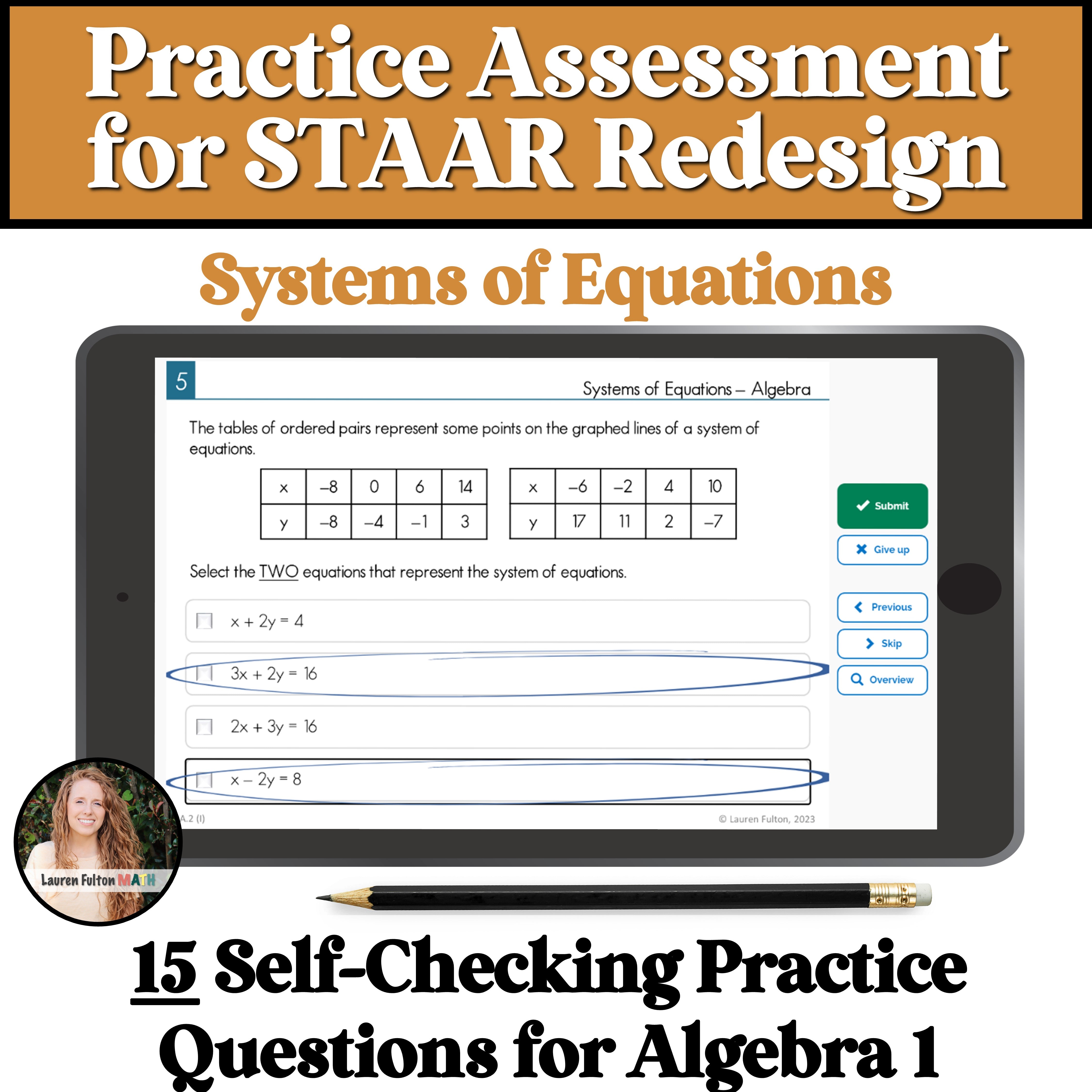 Algebra 1 STAAR Redesign Question Bank for Systems of Equations Practi ...