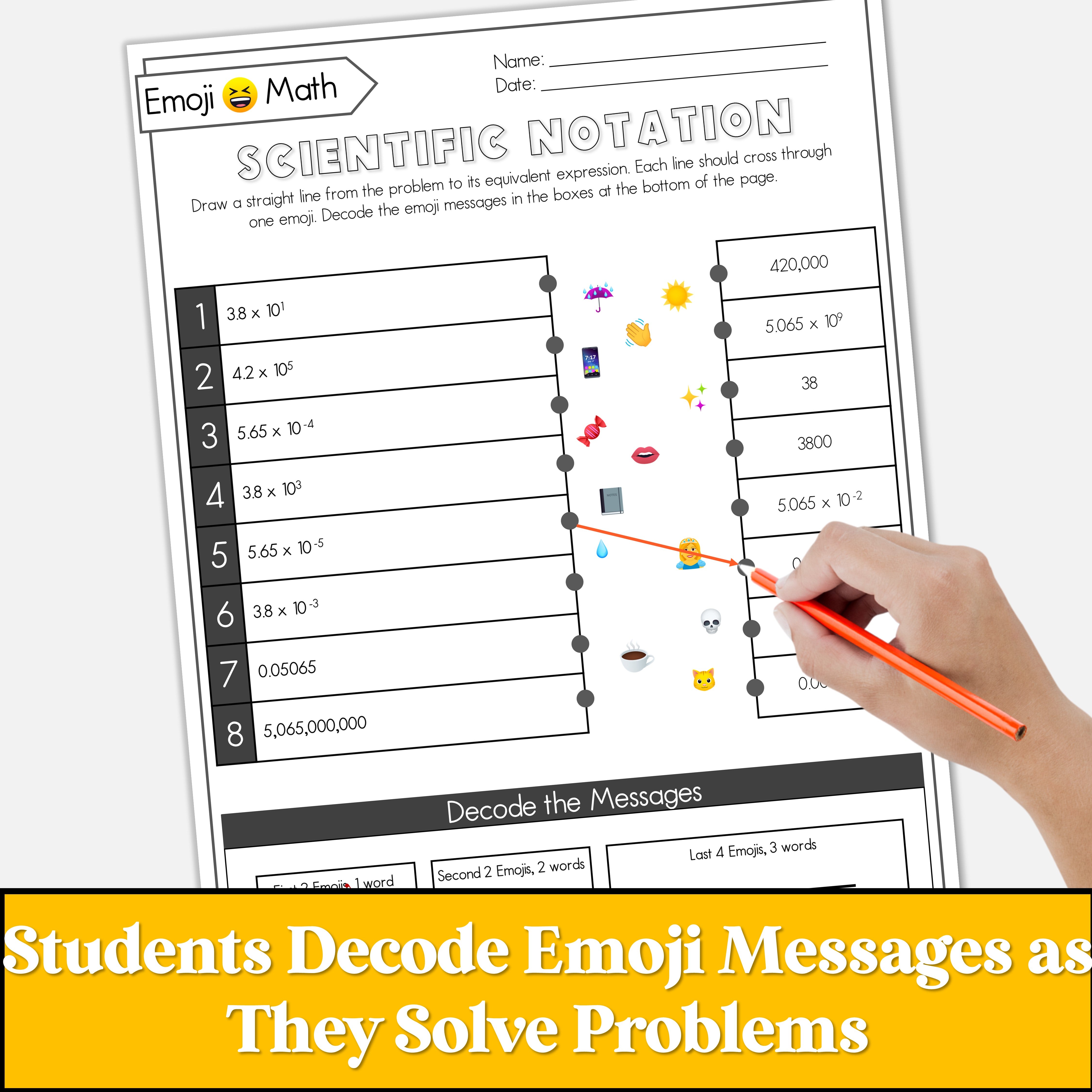 Scientific Notation Worksheet - No Prep Game for 8th Grade - Emoji Mat ...