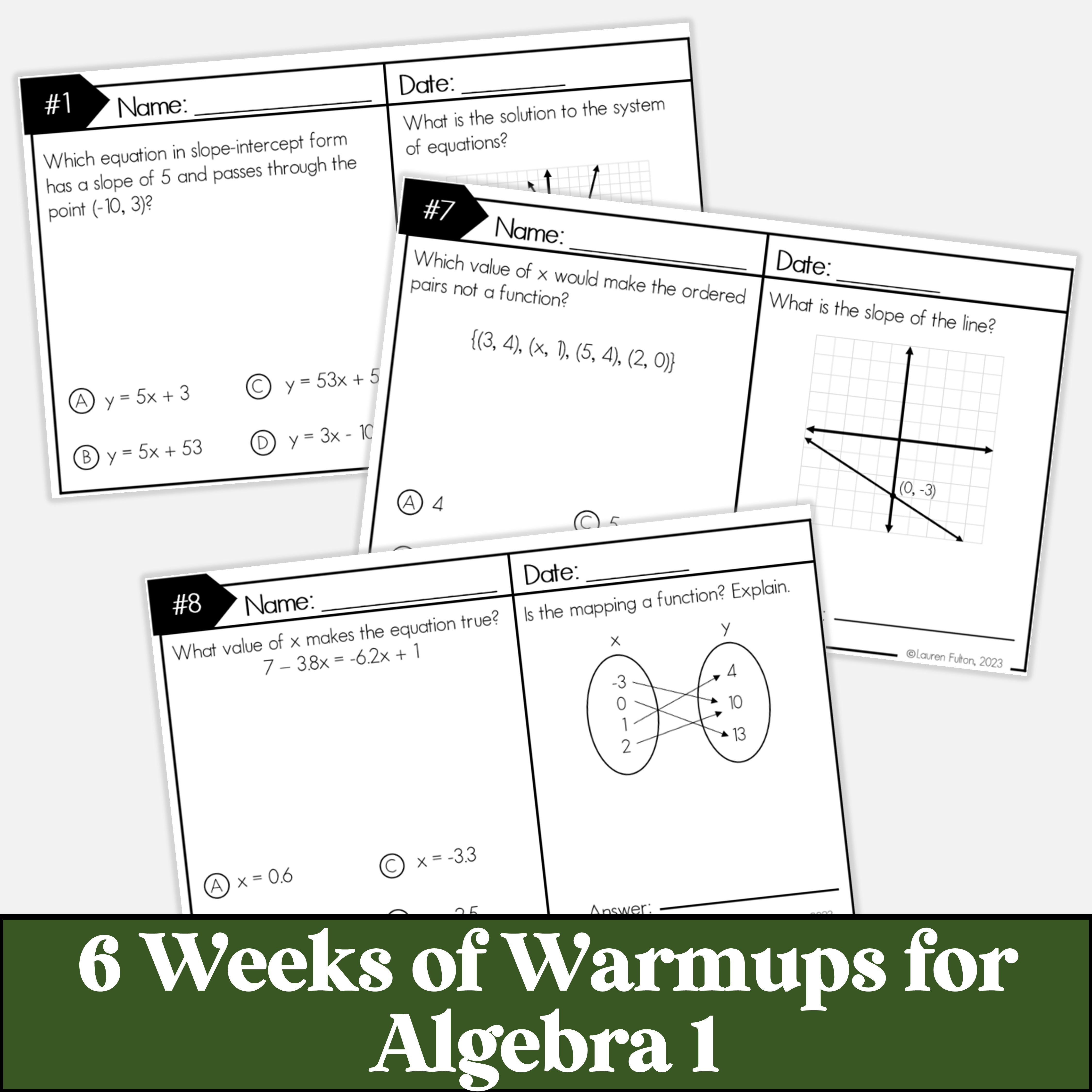 Algebra 1 Spiral Review Warmups, Bellringers, Bellwork for 2nd Six Wee ...