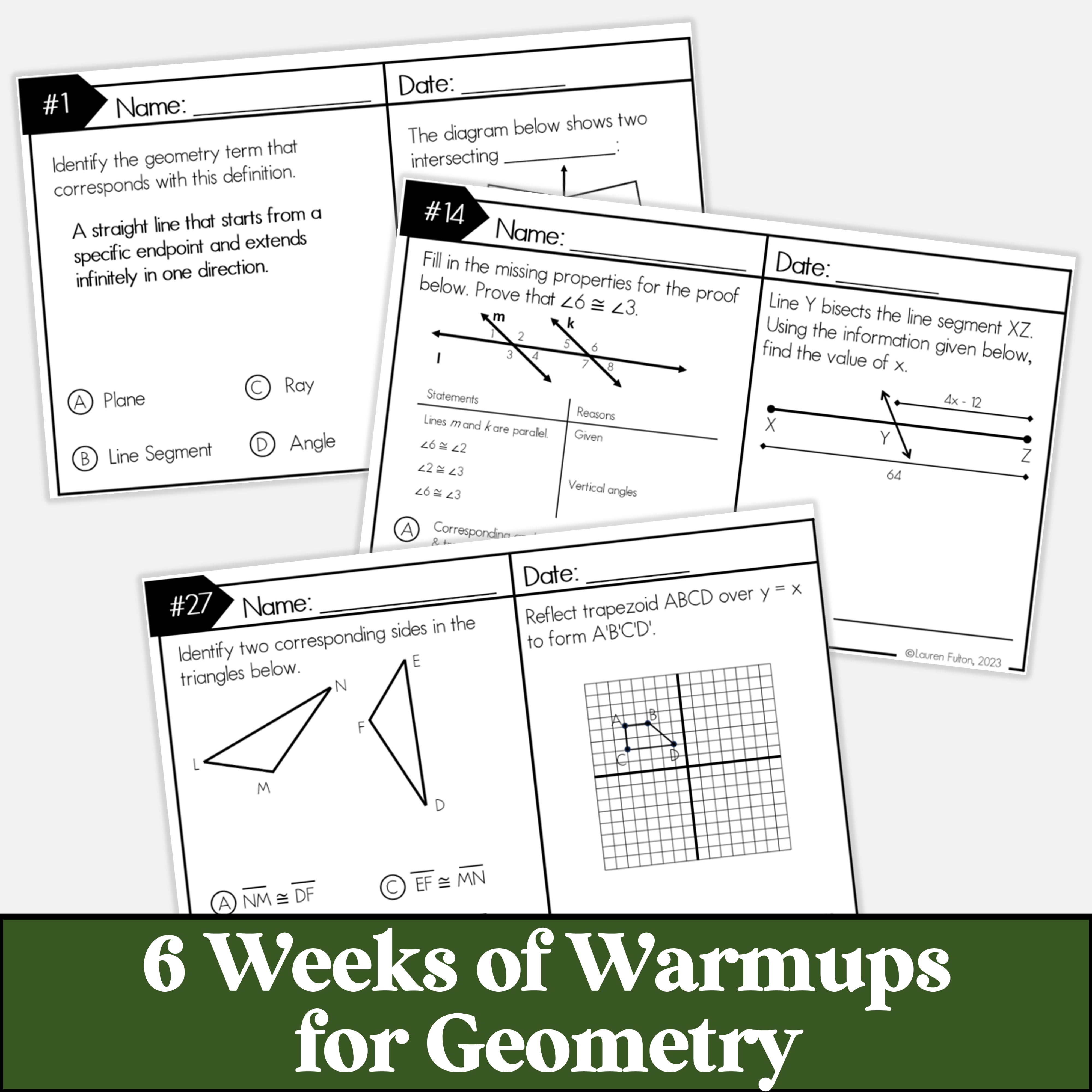 Geometry Spiral Review Warmups, Bellringers, Bellwork for 1st Six Week ...