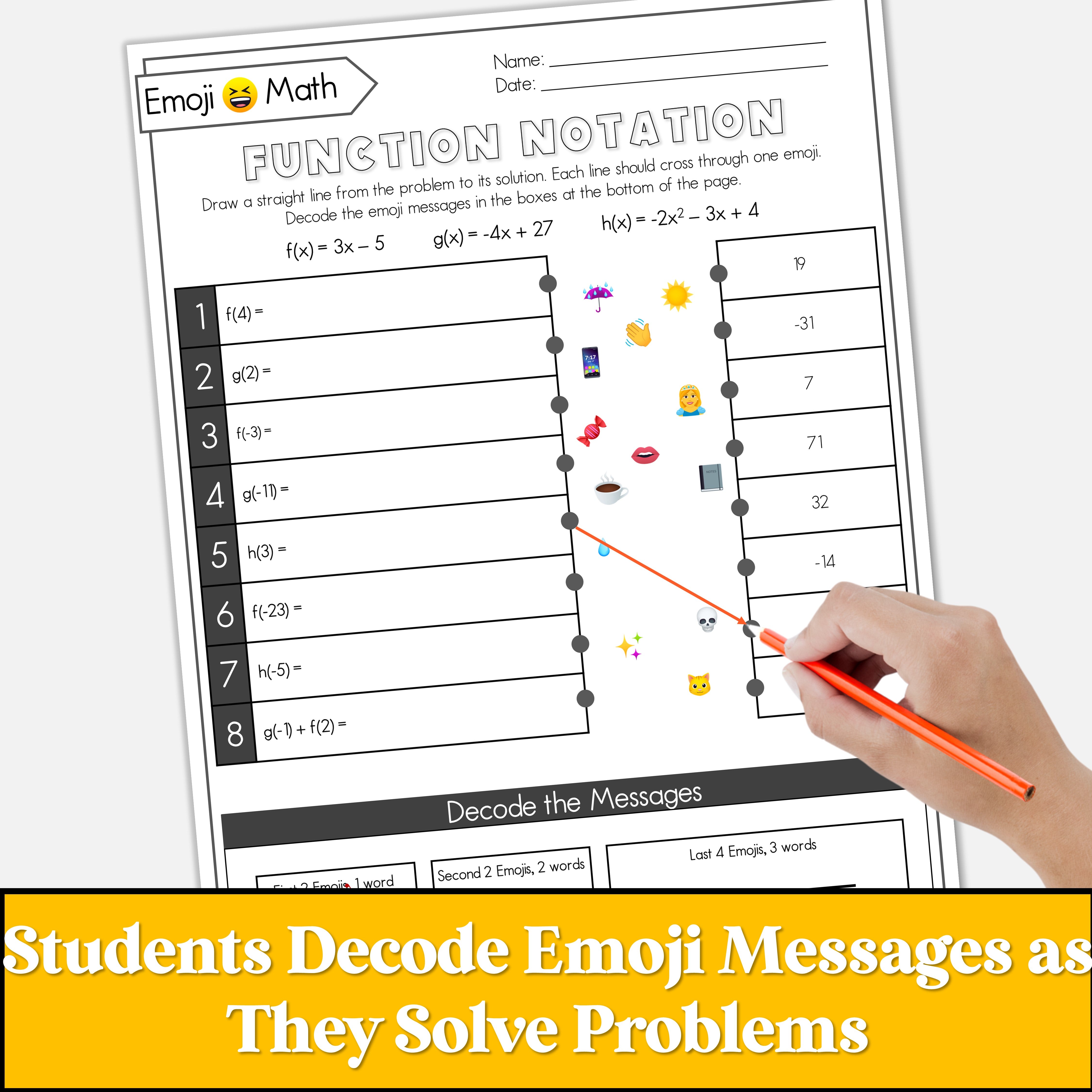 Function Notation Worksheet - No Prep Game for Algebra 1 - Emoji Math ...