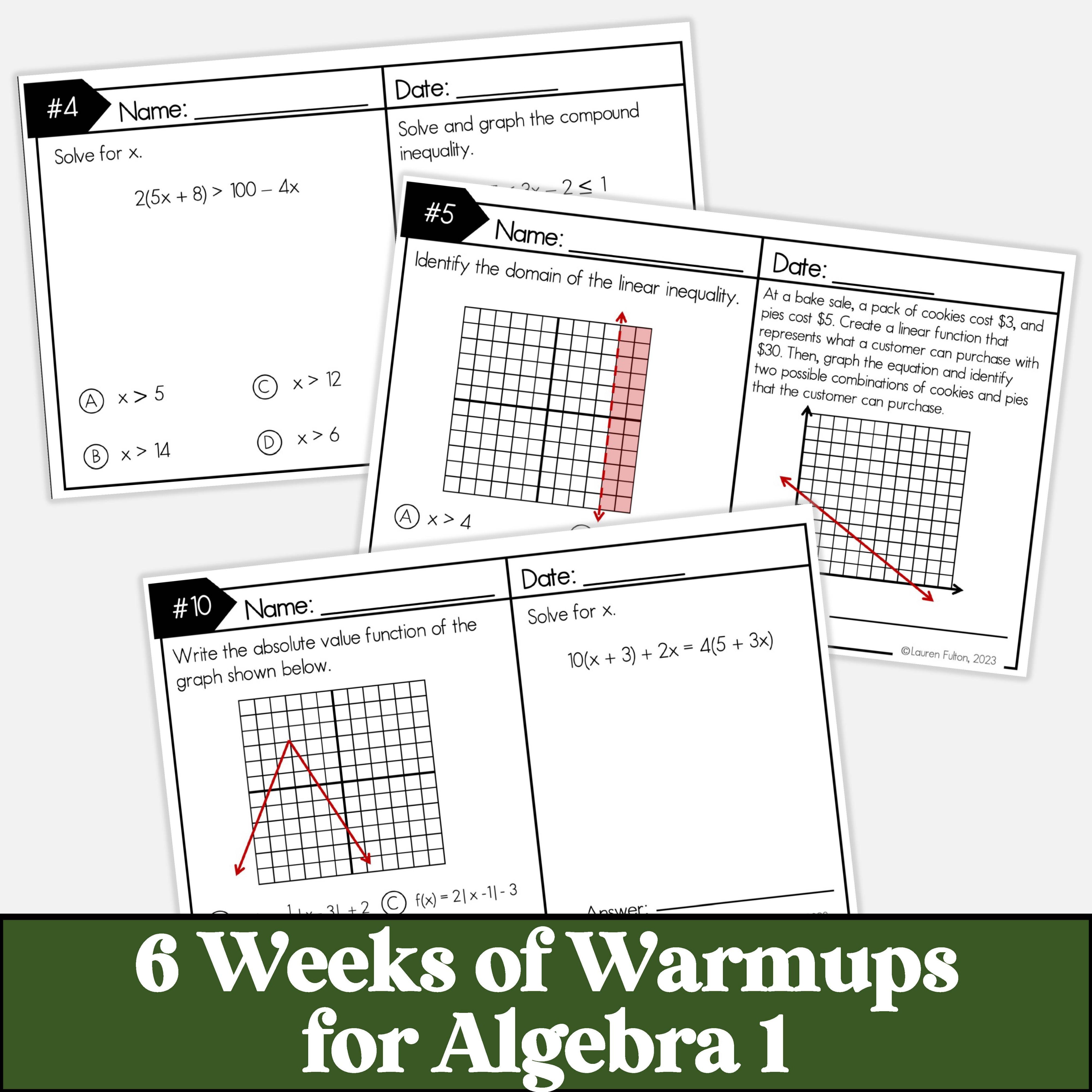 Algebra 2 Spiral Review Warmups, Bellringers, Bellwork for 1st Six Wee ...