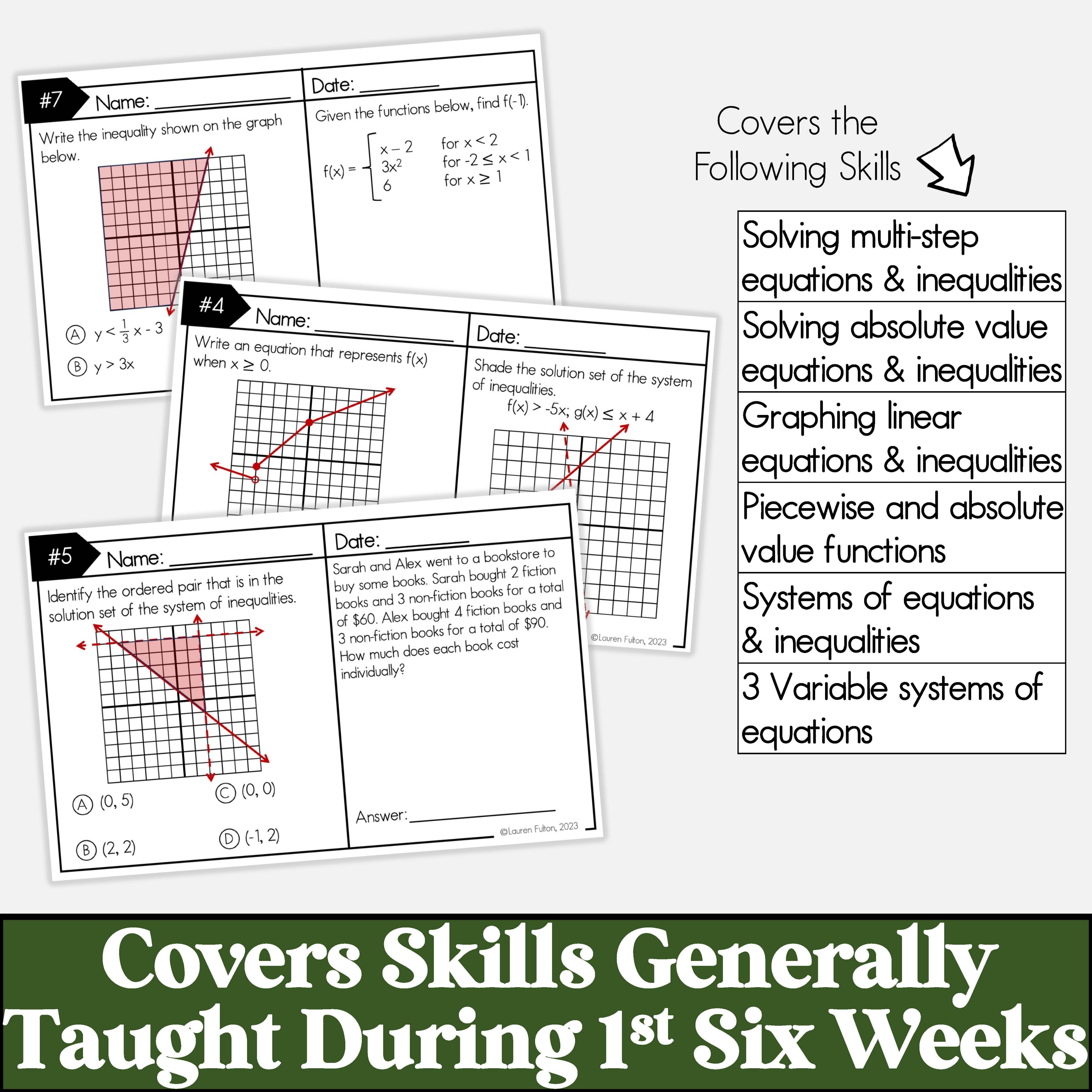 Algebra 2 Spiral Review Warmups, Bellringers, Bellwork for 1st Six Wee ...