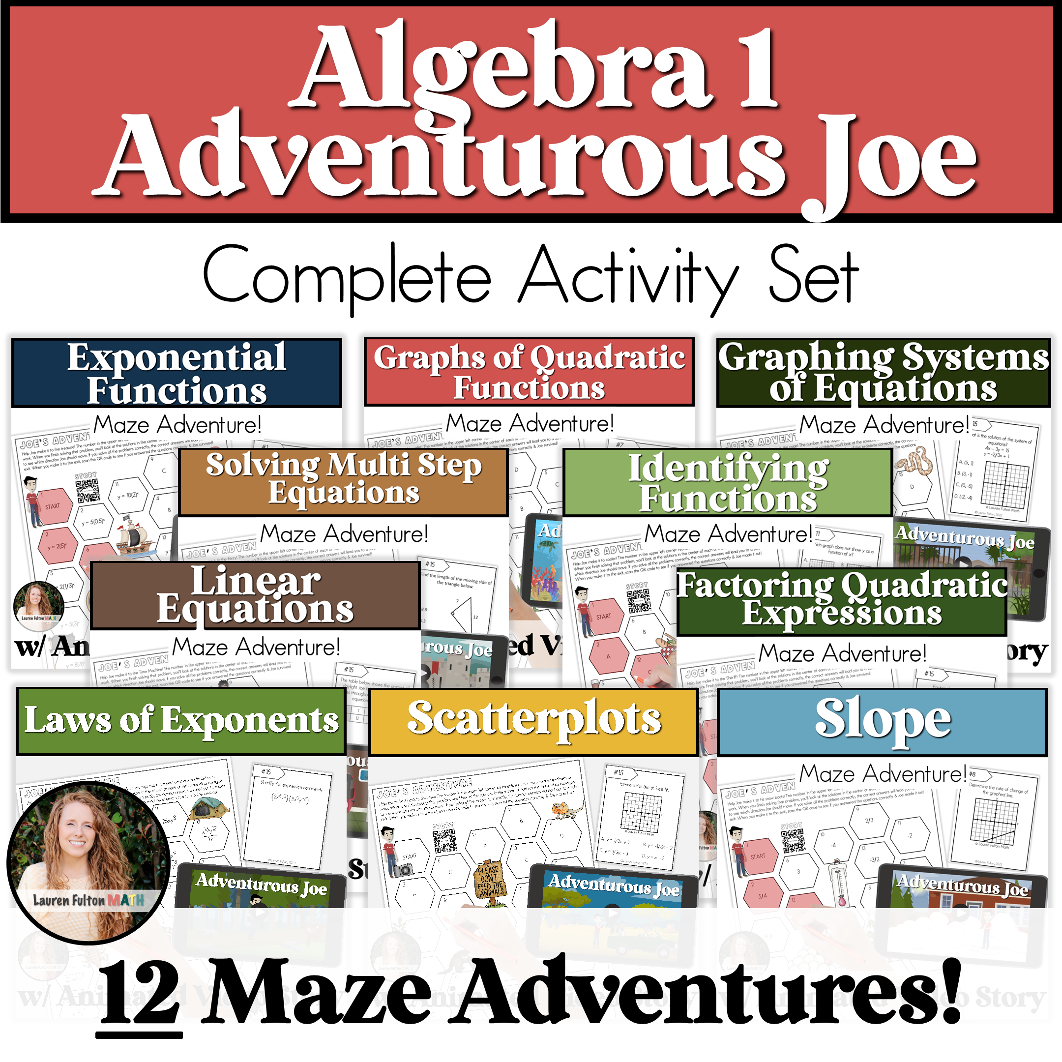 Joe Math Class Algebra 1 Maze Activities Bundle - Adventurous Joe Games CCSS and TEKS ...