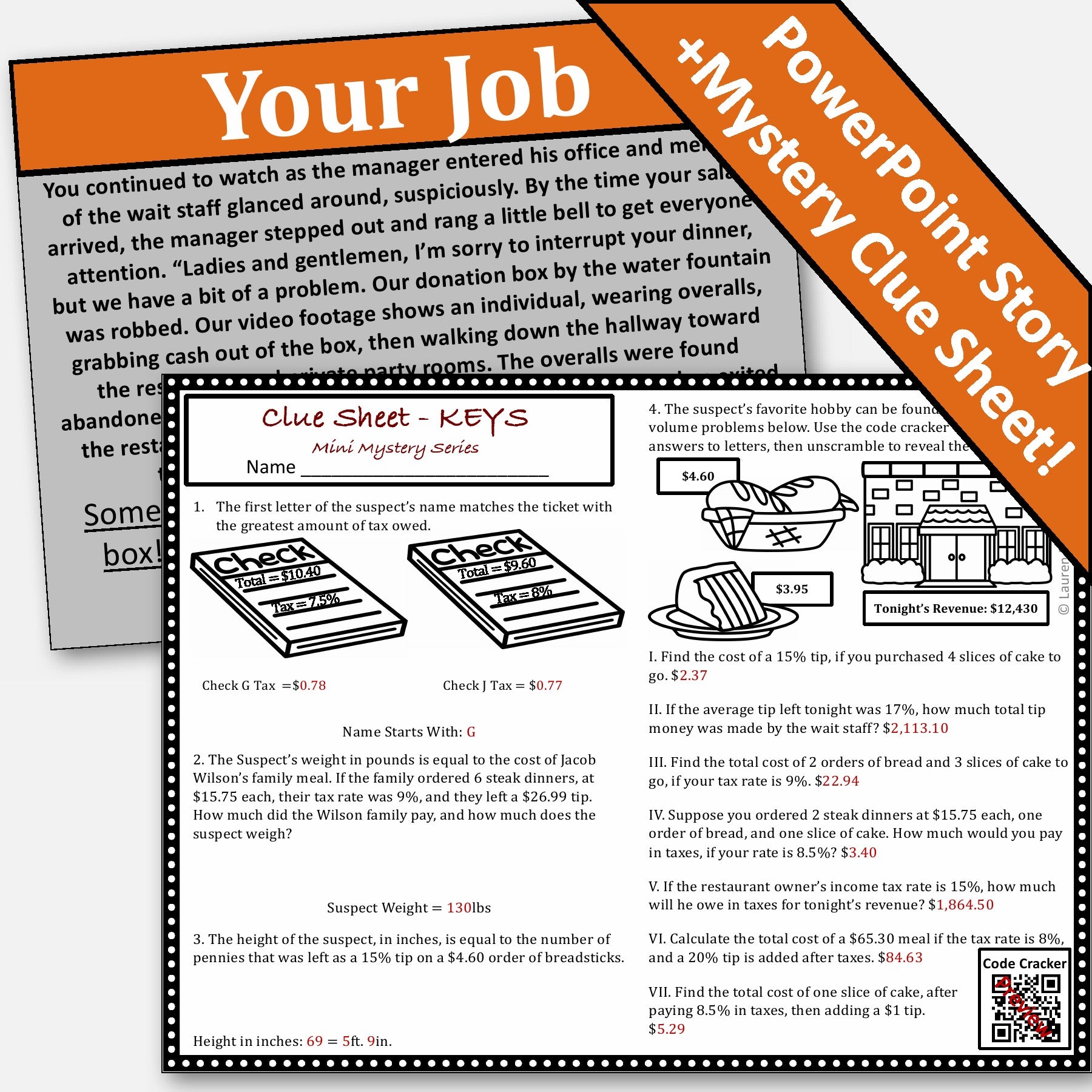 Percent Tip, Tax, and Total Mini Mystery 7th Grade Activity – Lauren ...