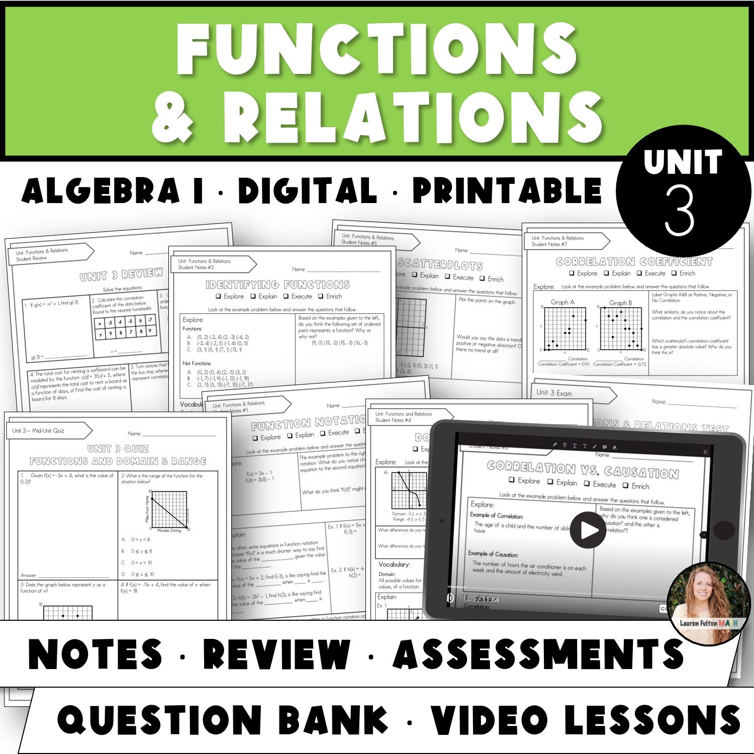 Fulton Math Pathways Functions, Relations and Scatterplots Unit | Algebra 1 Curriculum Unit ...