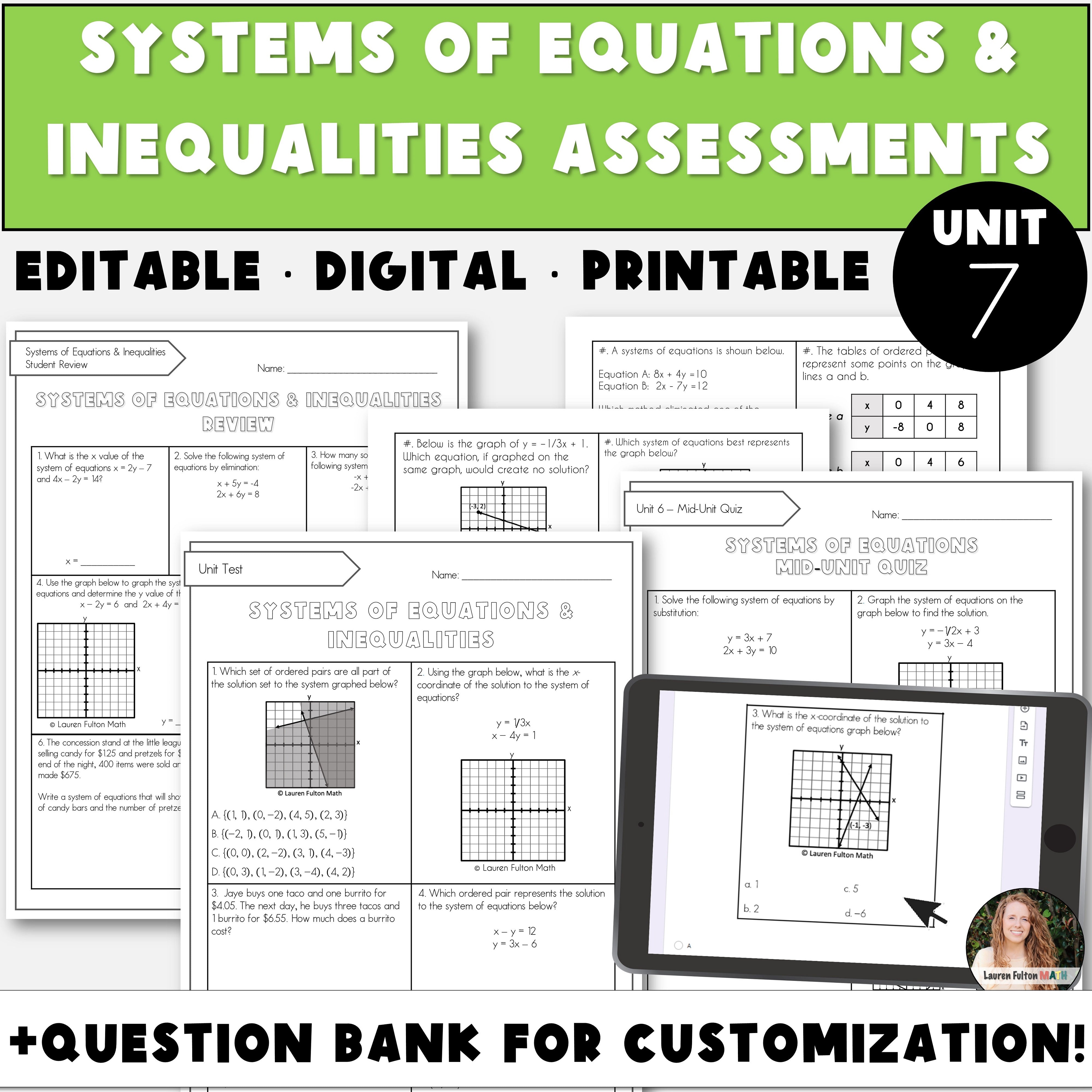 Open Math Unit 7 Assessment Unit 7 Algebra Curriculum | Assessments and Question Bank for Systems ...