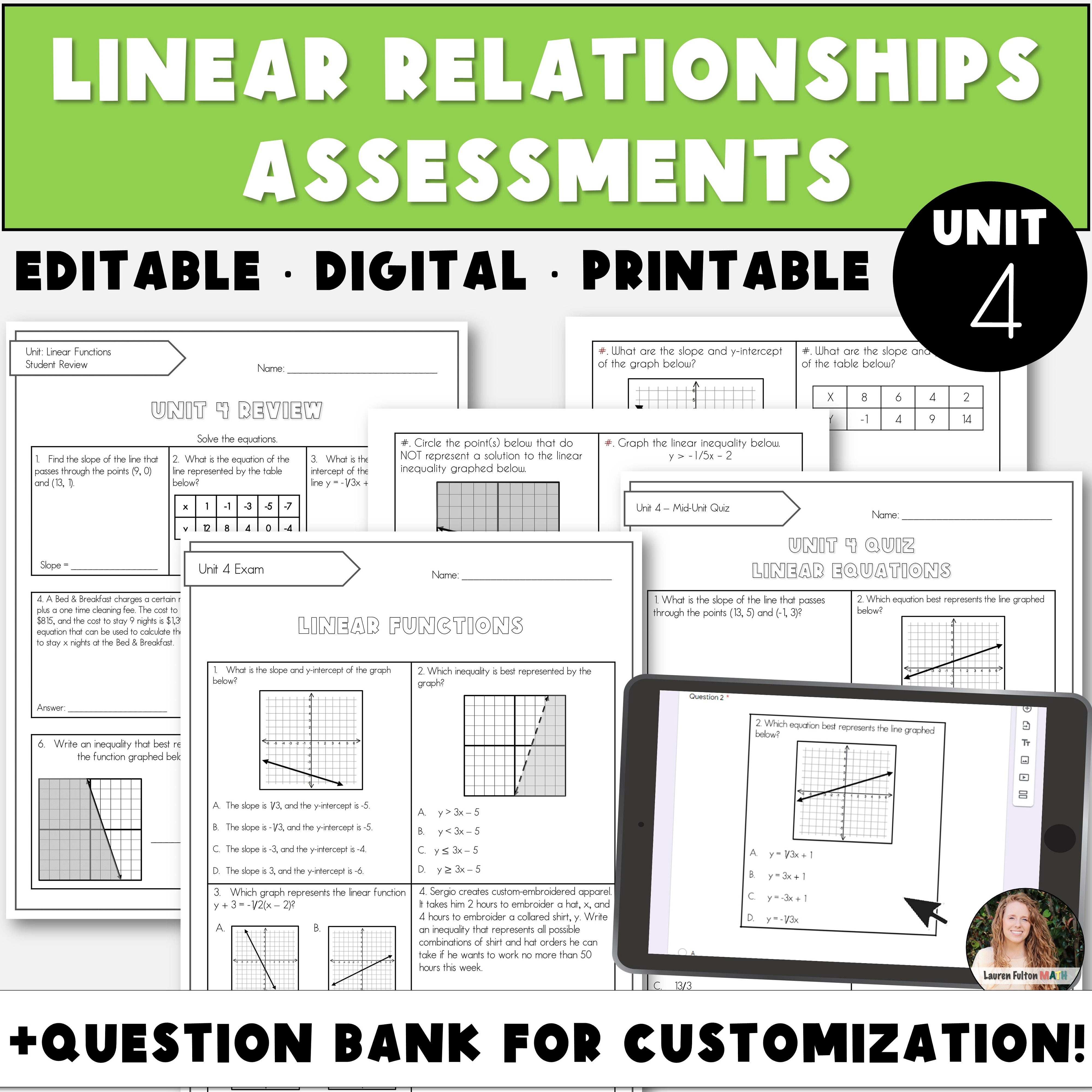 Fulton Math Pathways Unit 4 Algebra Curriculum | Assessments and Question Bank for Linear E ...