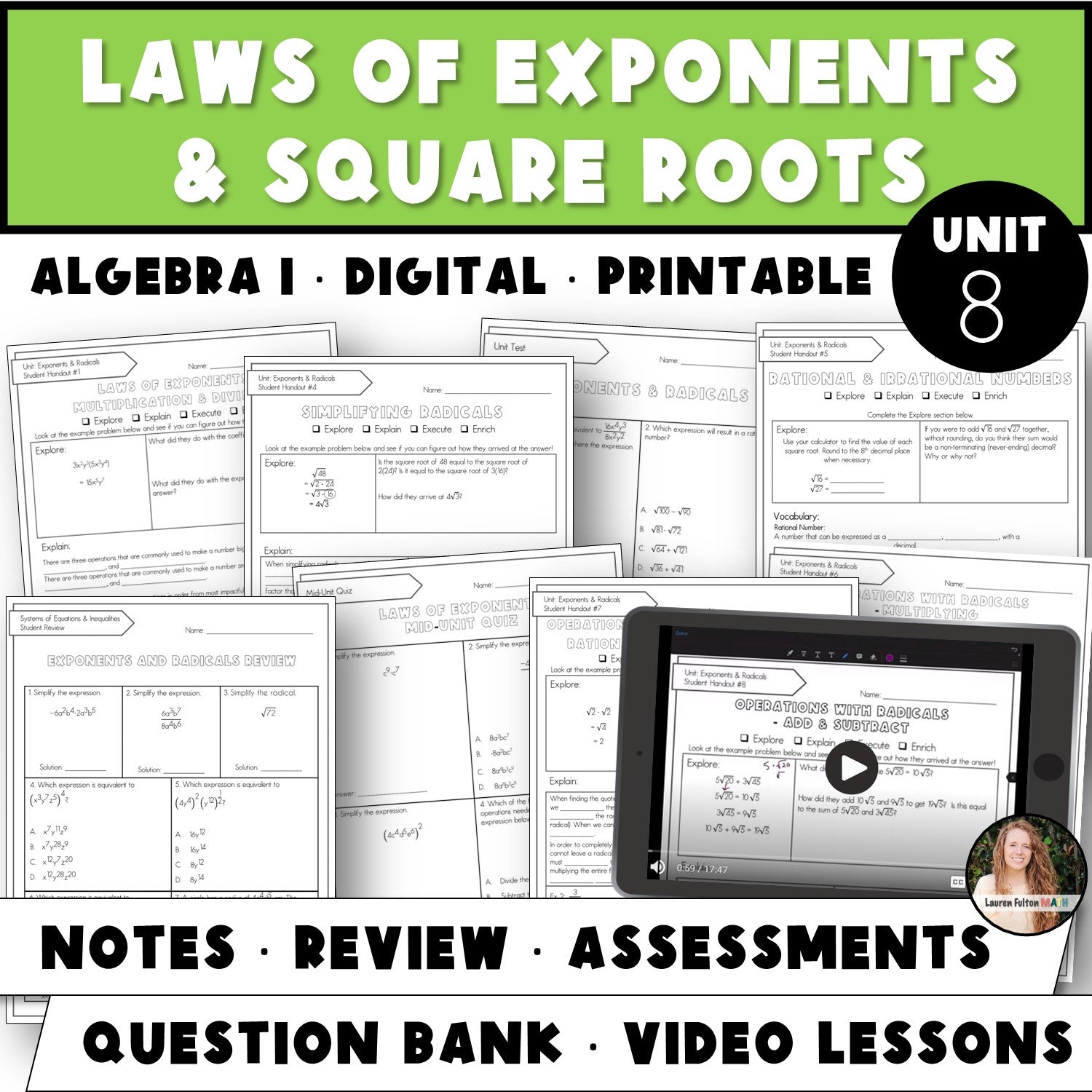 Laws of Exponents and Radicals Unit | Algebra 1 Curriculum Exponent Ru ...