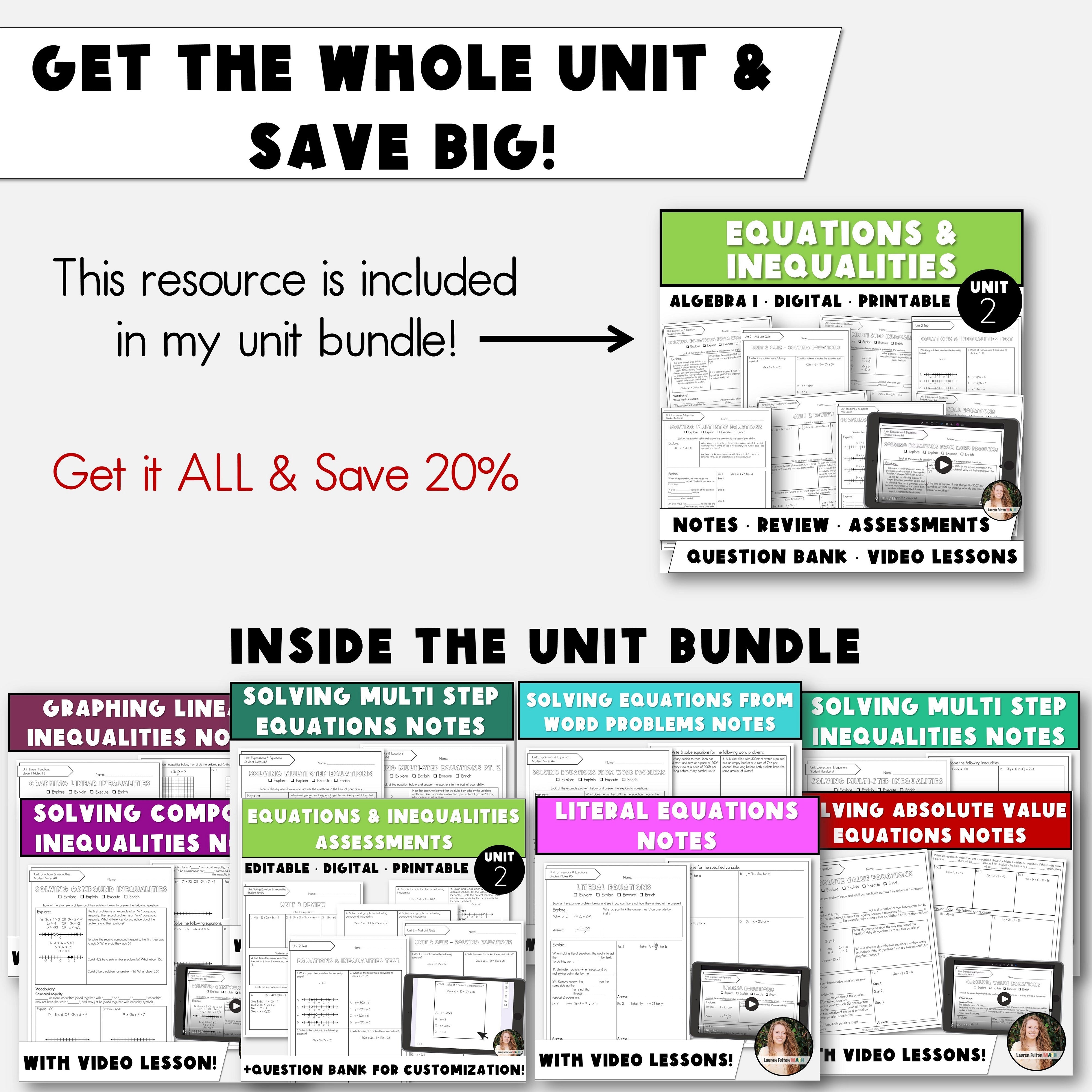 Fulton Math Pathways Unit 2 Algebra Curriculum | Assessments and Question Bank for Equation ...