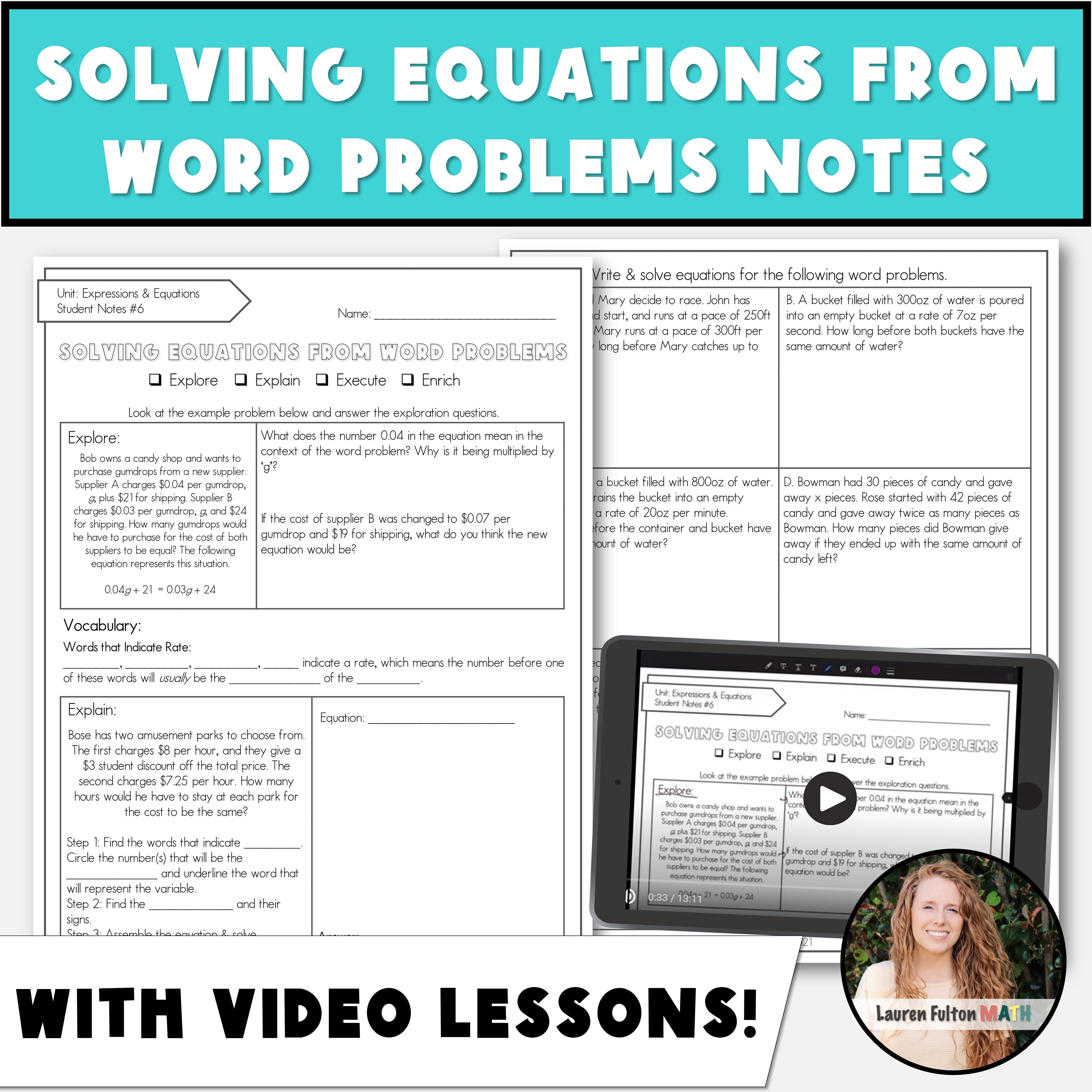Math Word Problem Notes Solving Multi Step Equations from Word Problems Notes – Lauren Fulton Math